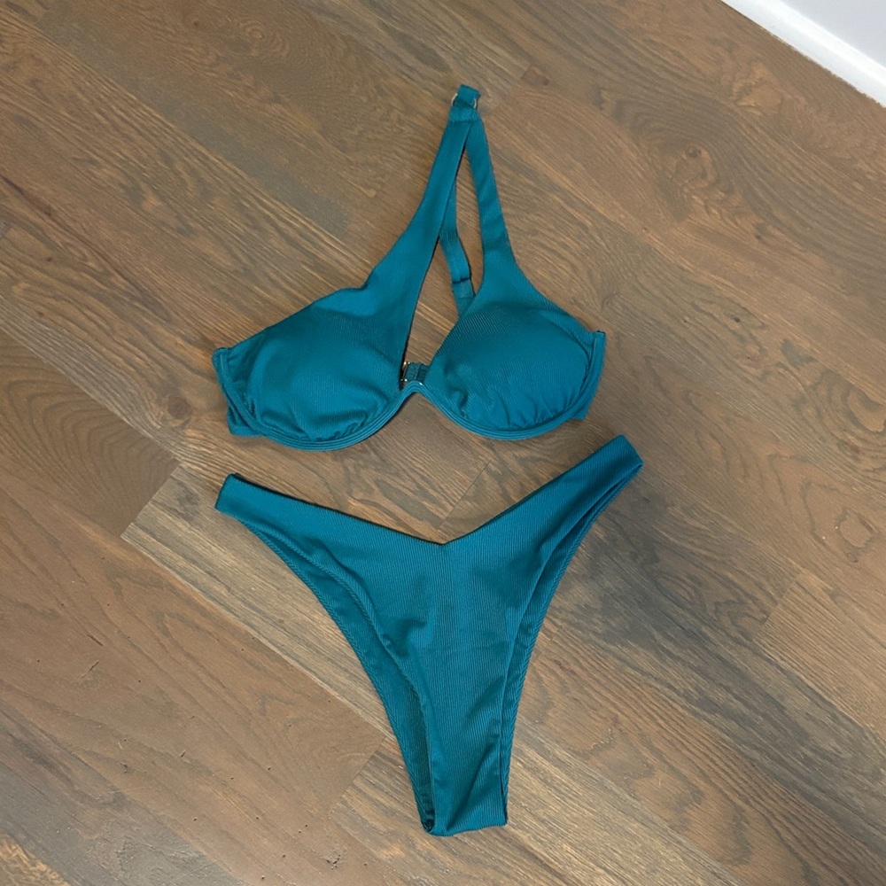 One Shoulder Ribbed Teal Bikini Set
